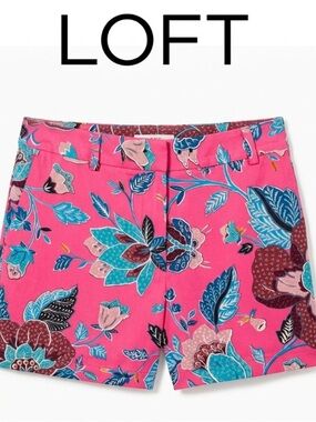 LOFT Pink Floral A-Line Skirt with Blue and Cream Accents